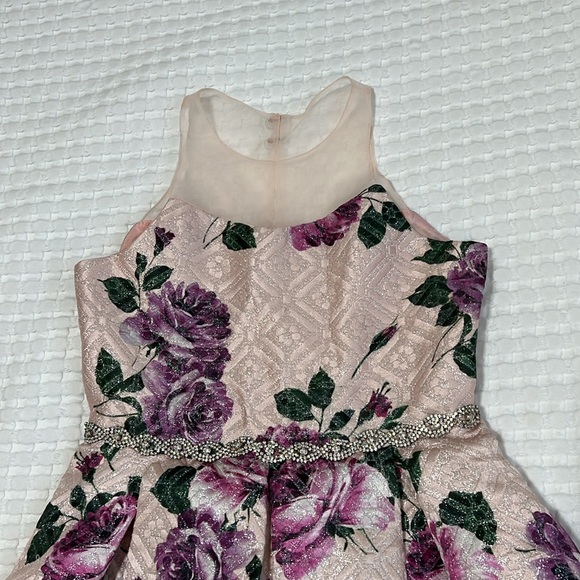 Rare Editions Pink/Purple Floral Metallic Box Pleat Dress - Picture 2 of 12